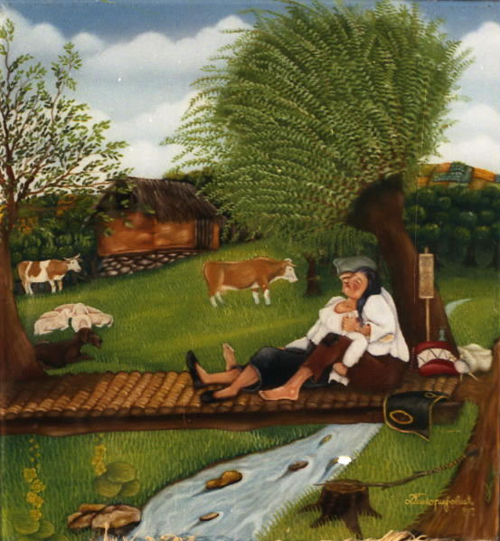 Ljubav na brvnu - ulje na staklu - 36x32